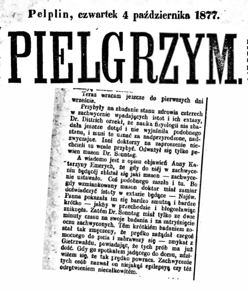 Fragment relacji z czasopisma Pielgrzym nr 113 z 4.10.1877 roku, opisującej wydarzenia w Gietrzwałdzie.